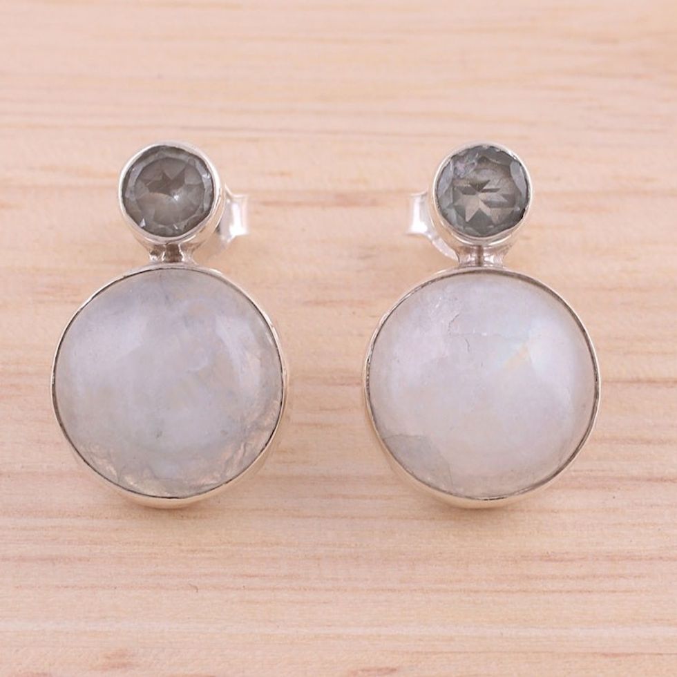 Rainbow Moonstone and Blue Topaz Drop Earrings from India 'Delhi Diva'