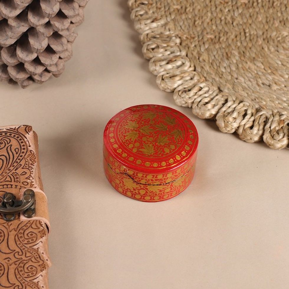 Gold and Red Papier Mache Decorative Box from India 'Alluring Vermilion'