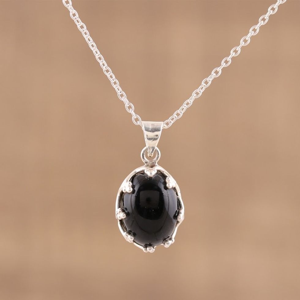 925 Sterling Silver Black Onyx Pendant Necklace from India 'Midnight Majesty'