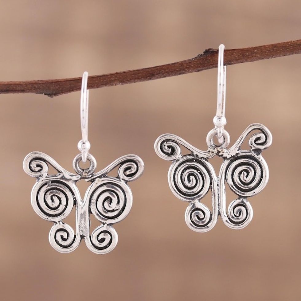 Butterfly Themed Sterling Silver Dangle Earrings 'Butterfly Spiral'
