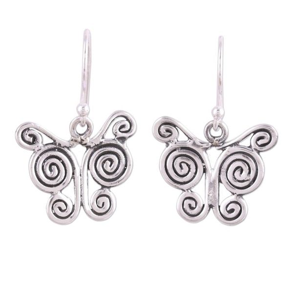 Alternate image for Butterfly Themed Sterling Silver Dangle Earrings Butterfly Spiral