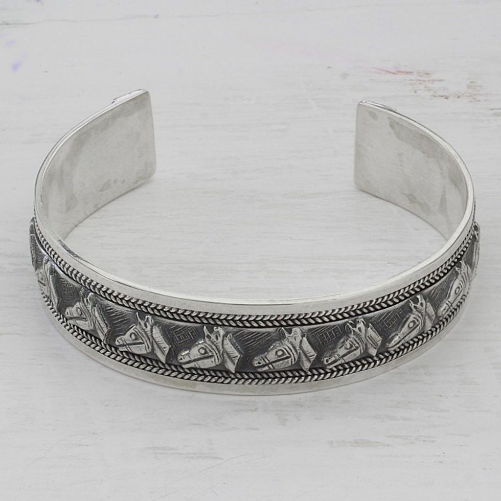 Artisan Crafted Sterling Silver Horse Theme Cuff Bracelet 'Procession of Horses'