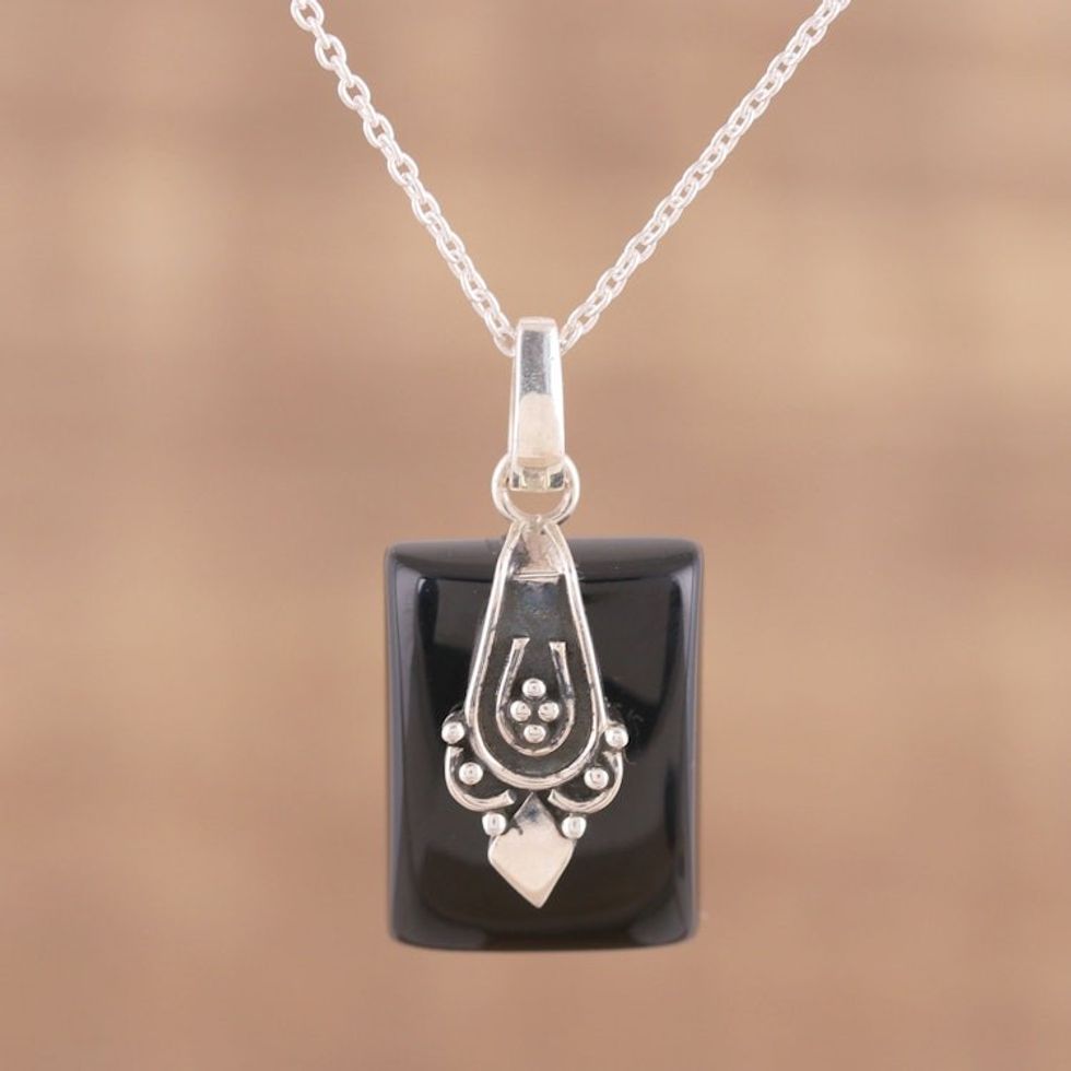 Black Onyx and Sterling Silver Pendant Necklace from India 'Midnight Greeting'