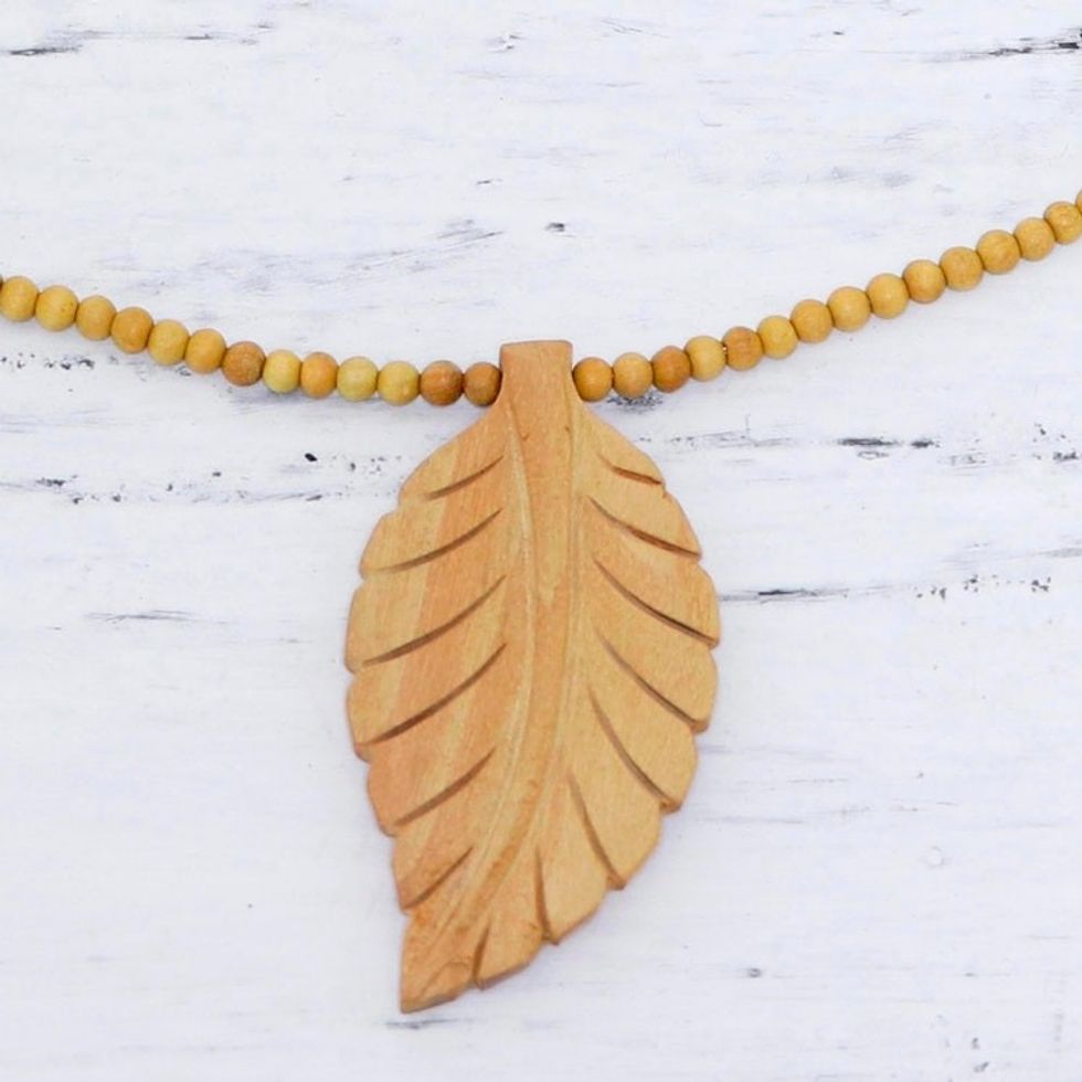 Leaf Motif Pendant Necklace Handmade from Wood 'Curry Leaf'