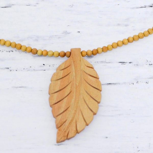 Alternate image for Leaf Motif Pendant Necklace Handmade from Wood Curry Leaf