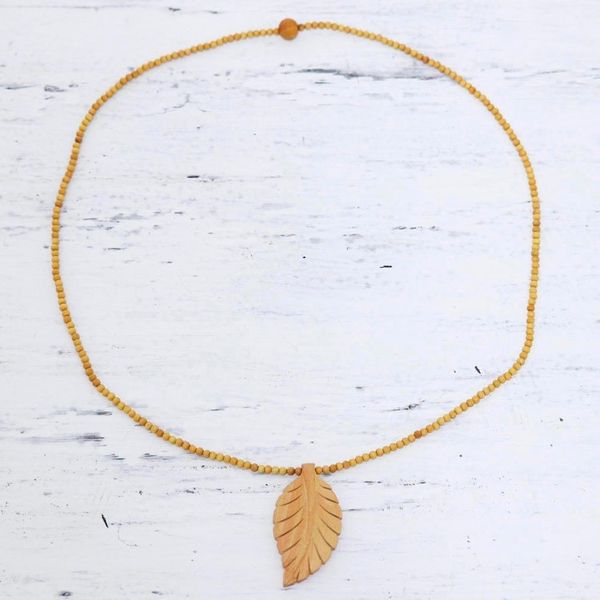 Alternate image for Leaf Motif Pendant Necklace Handmade from Wood Curry Leaf