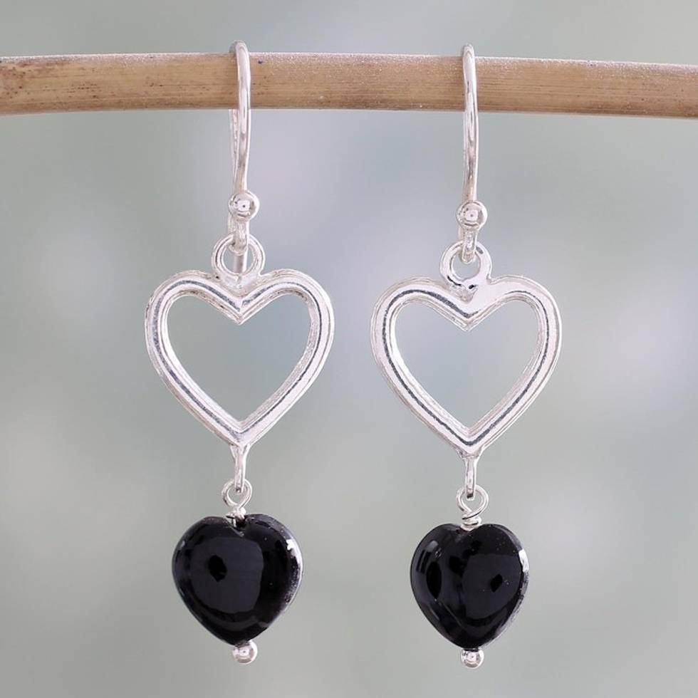 Sterling Silver Black Onyx Heart Dangle Earrings from India 'Romance Hearts in Black'