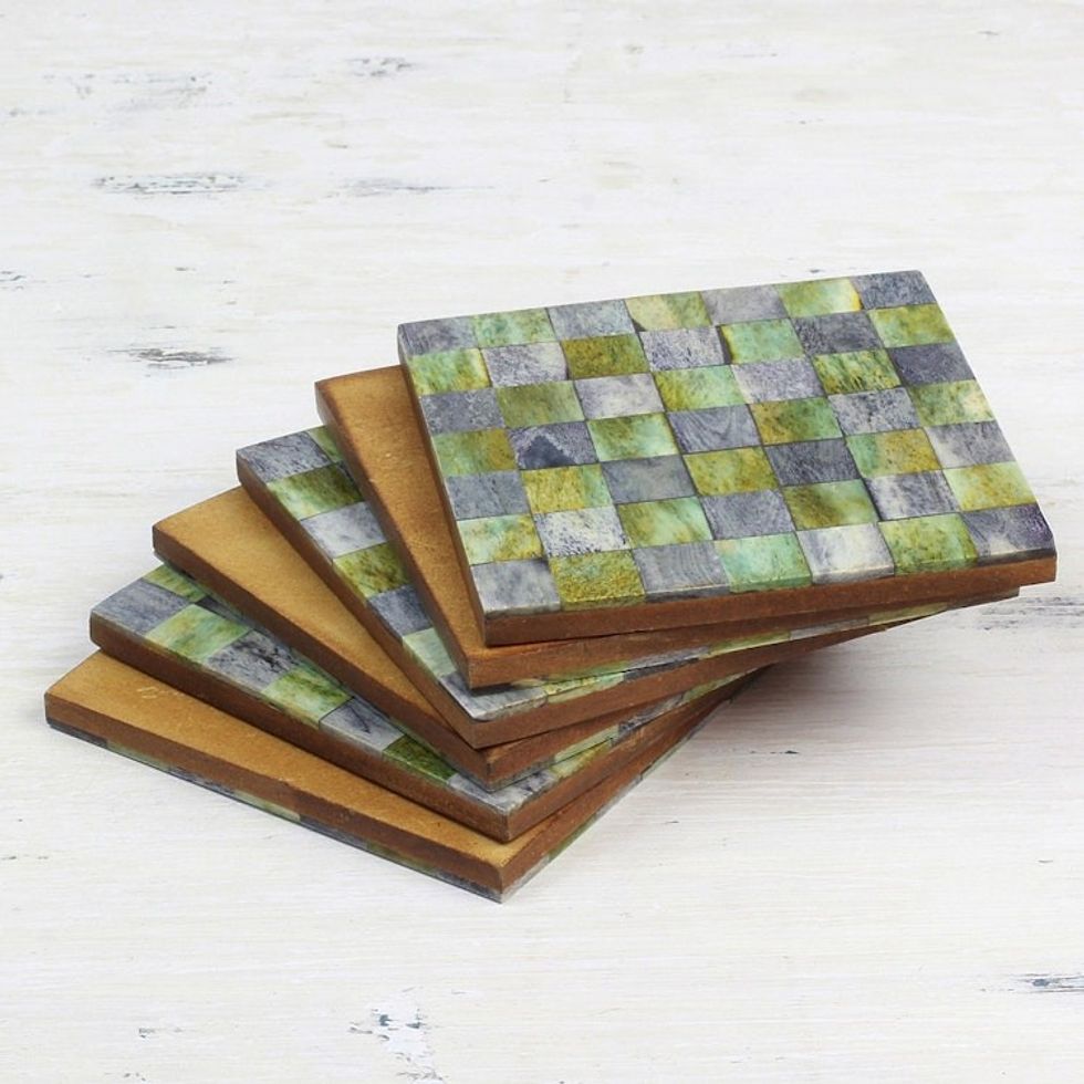 Six Green and Grey Checkerboard Bone Coasters from India 'Earthy Checkers'