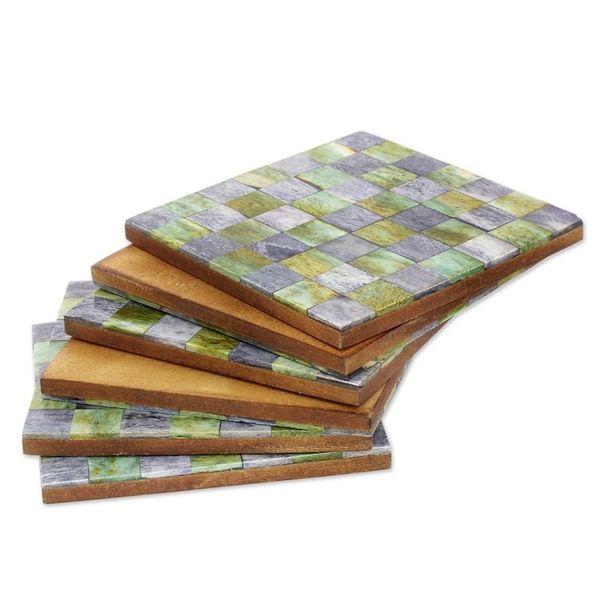 Alternate image for Six Green and Grey Checkerboard Bone Coasters from India Earthy Checkers
