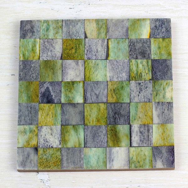 Alternate image for Six Green and Grey Checkerboard Bone Coasters from India Earthy Checkers