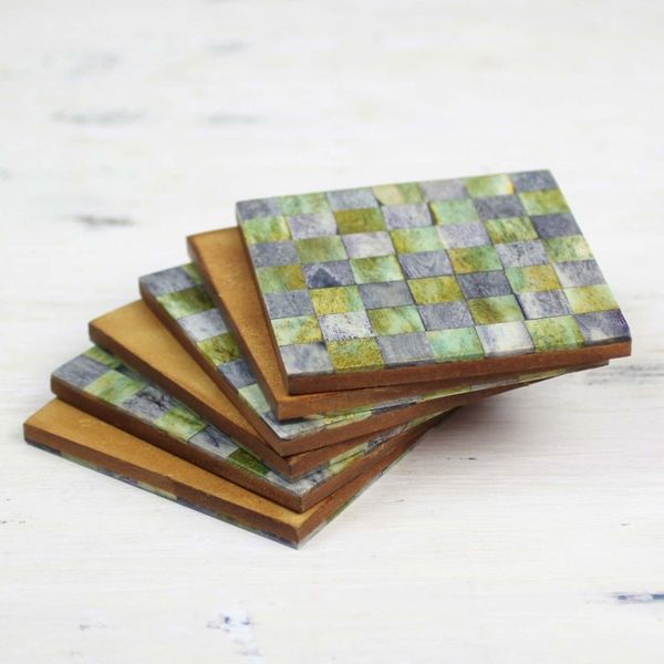 Alternate image for Six Green and Grey Checkerboard Bone Coasters from India Earthy Checkers