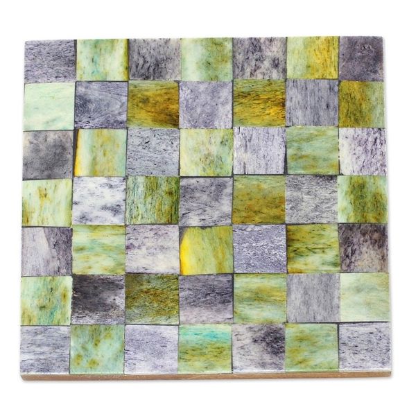Alternate image for Six Green and Grey Checkerboard Bone Coasters from India Earthy Checkers