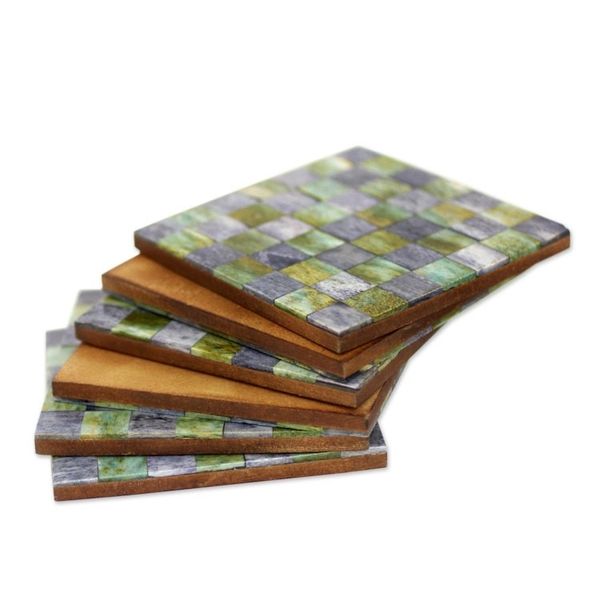 Alternate image for Six Green and Grey Checkerboard Bone Coasters from India Earthy Checkers