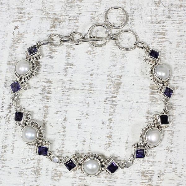 Alternate image for Iolite and Cultured Pearl Link Bracelet from India Blue Palace