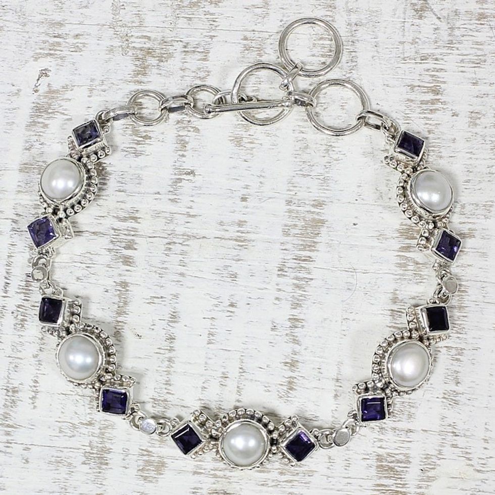 Iolite and Cultured Pearl Link Bracelet from India 'Blue Palace'