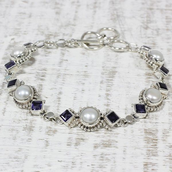 Alternate image for Iolite and Cultured Pearl Link Bracelet from India Blue Palace