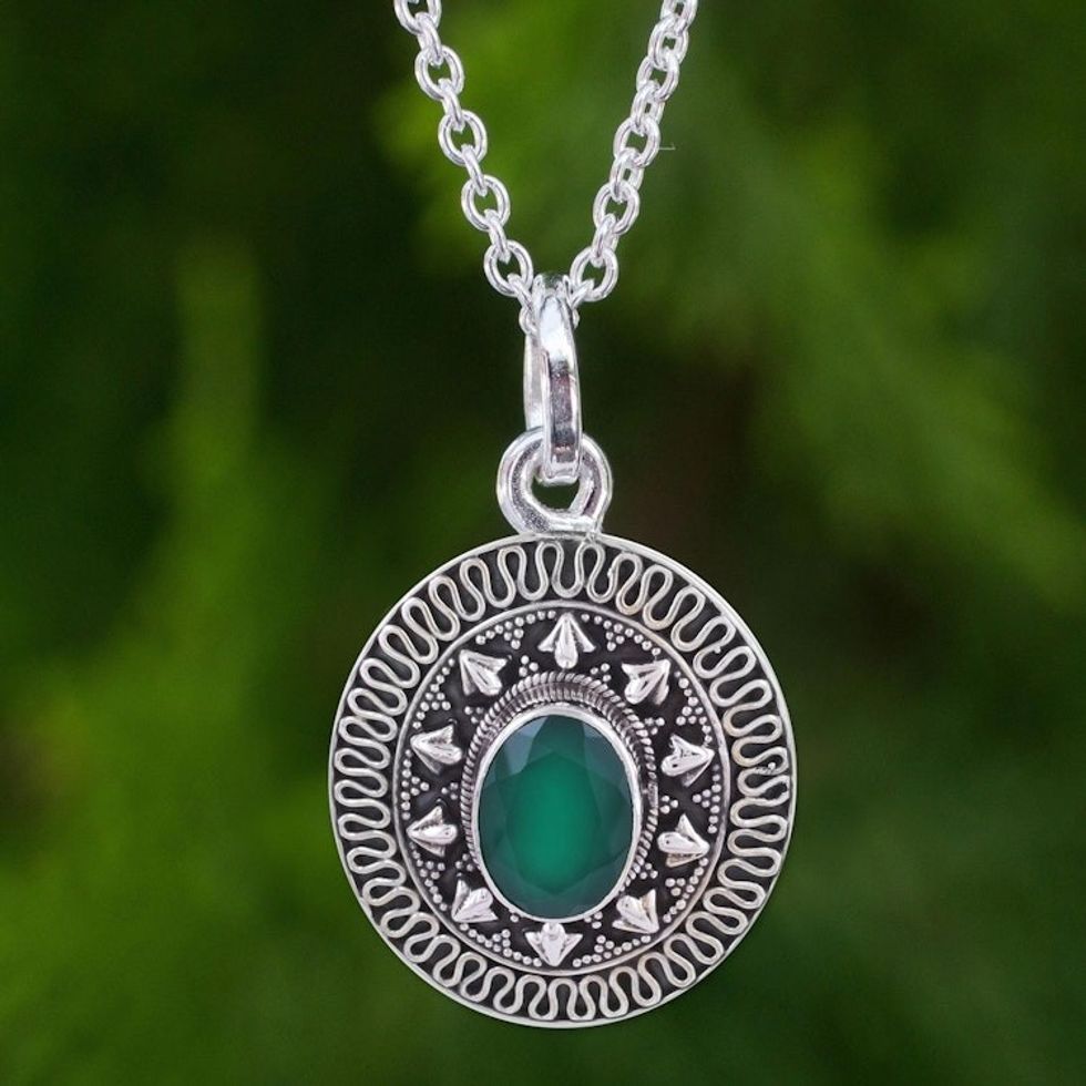 Green Onyx and Sterling Silver Pendant Necklace from India 'Jaipur Mystic'