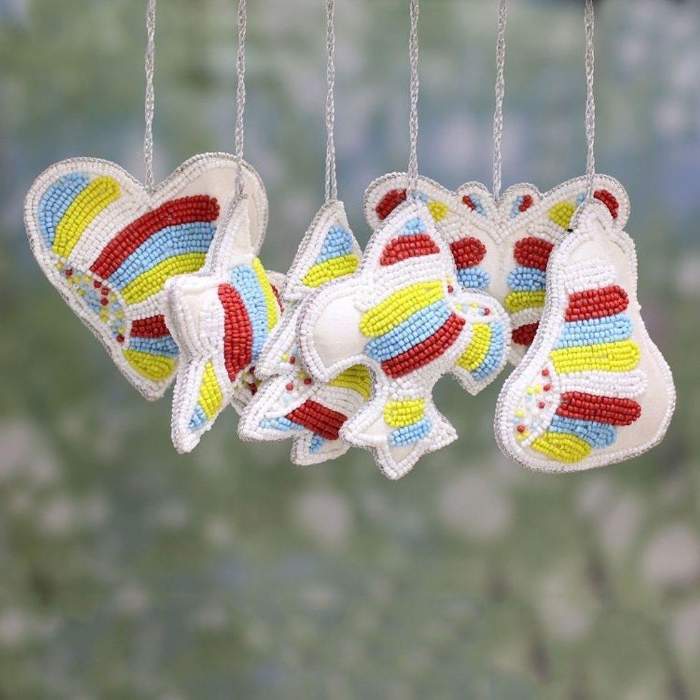 Set of Six Indian Multicolored Beaded Christmas Ornaments 'Multicolored Christmas Party'