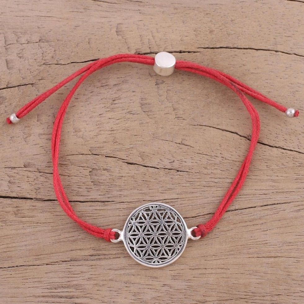 Sterling Silver Circular Pendant Bracelet in Red from India 'Starry Seeds in Red'