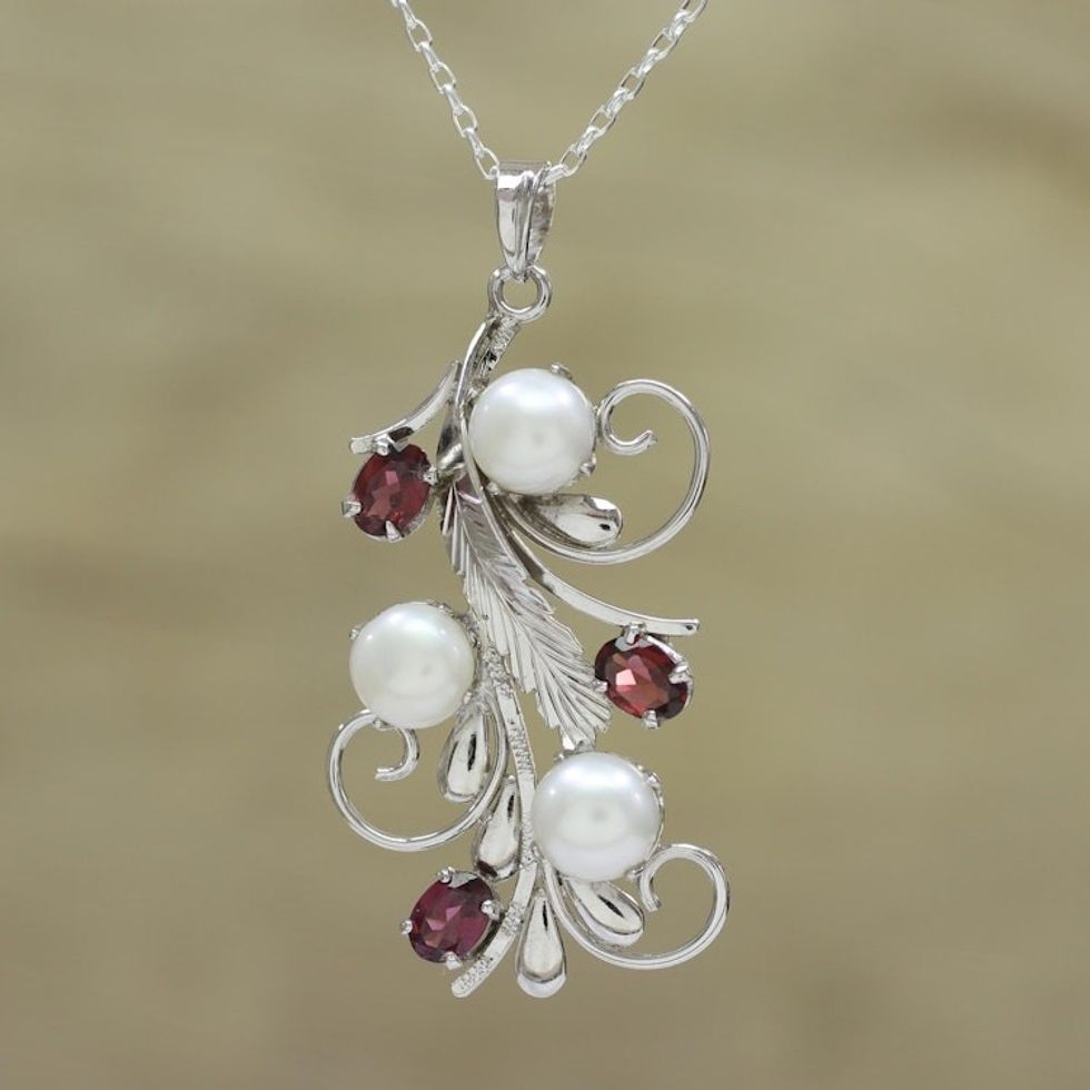 Rhodium Plated Cultured Pearl and Garnet Necklace from India 'Royal Vine'