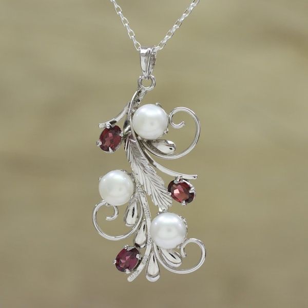 Alternate image for Rhodium Plated Cultured Pearl and Garnet Necklace from India Royal Vine