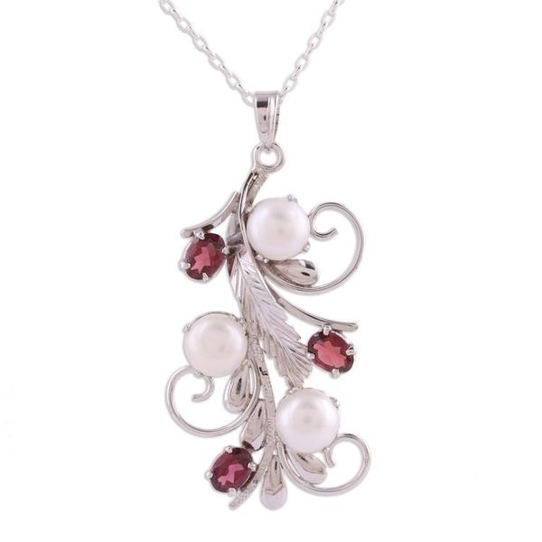 Alternate image for Rhodium Plated Cultured Pearl and Garnet Necklace from India Royal Vine