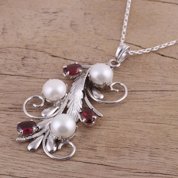 Alternate image for Rhodium Plated Cultured Pearl and Garnet Necklace from India Royal Vine