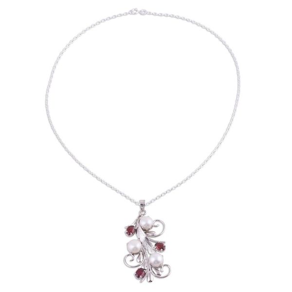 Alternate image for Rhodium Plated Cultured Pearl and Garnet Necklace from India Royal Vine