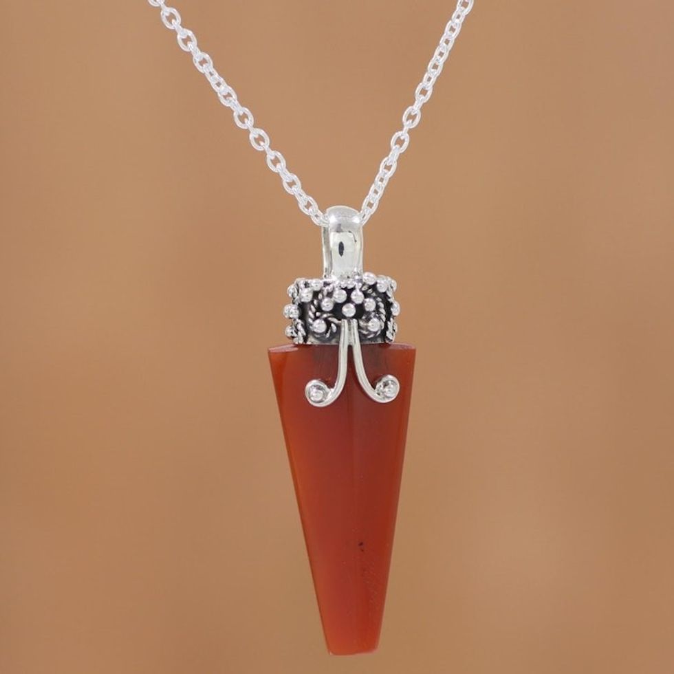 Red Onyx and Sterling Silver Pendant Necklace from India 'Crystal of Power in Red'