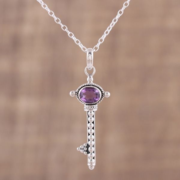 Alternate image for Handmade Key Pendant Necklace with Amethyst from India Key to Paradise