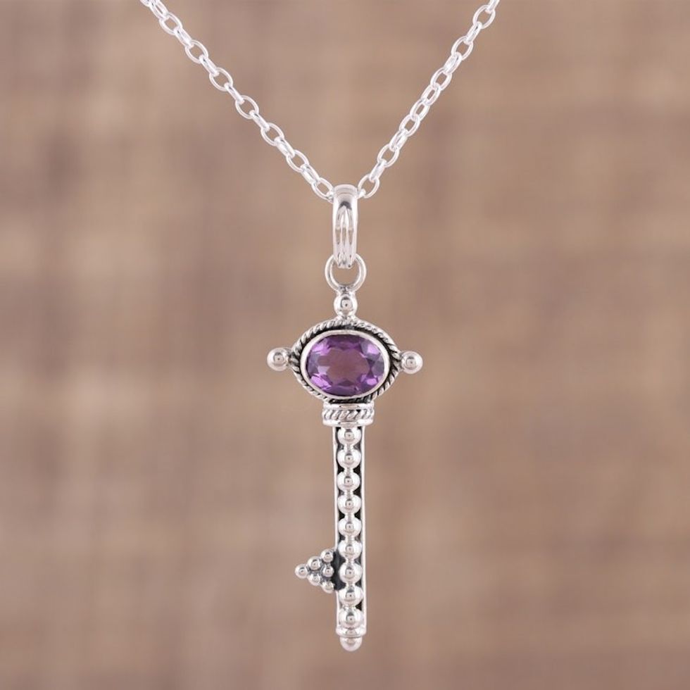 Handmade Key Pendant Necklace with Amethyst from India 'Key to Paradise'