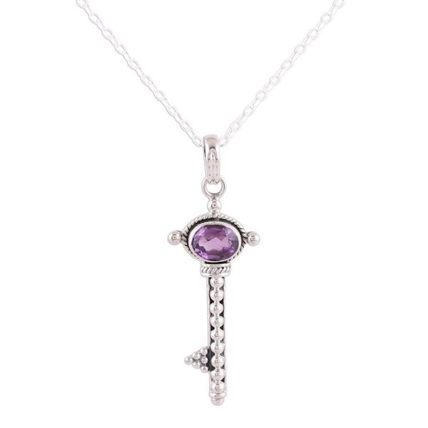Alternate image for Handmade Key Pendant Necklace with Amethyst from India Key to Paradise