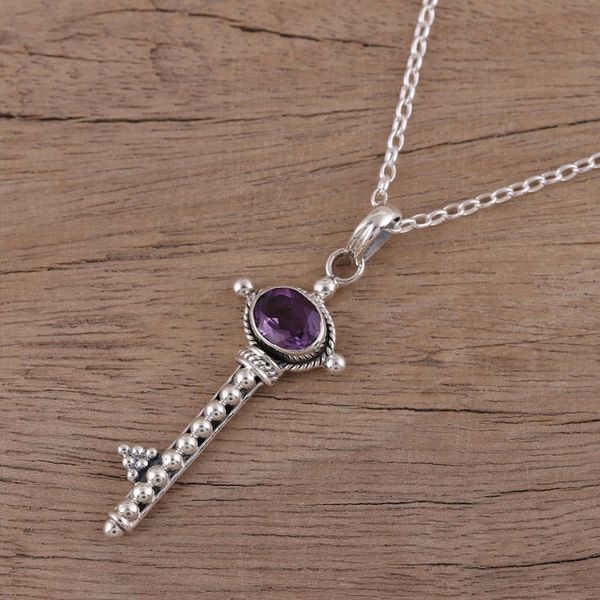 Alternate image for Handmade Key Pendant Necklace with Amethyst from India Key to Paradise