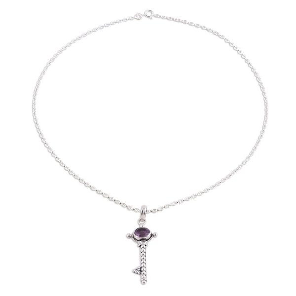 Alternate image for Handmade Key Pendant Necklace with Amethyst from India Key to Paradise