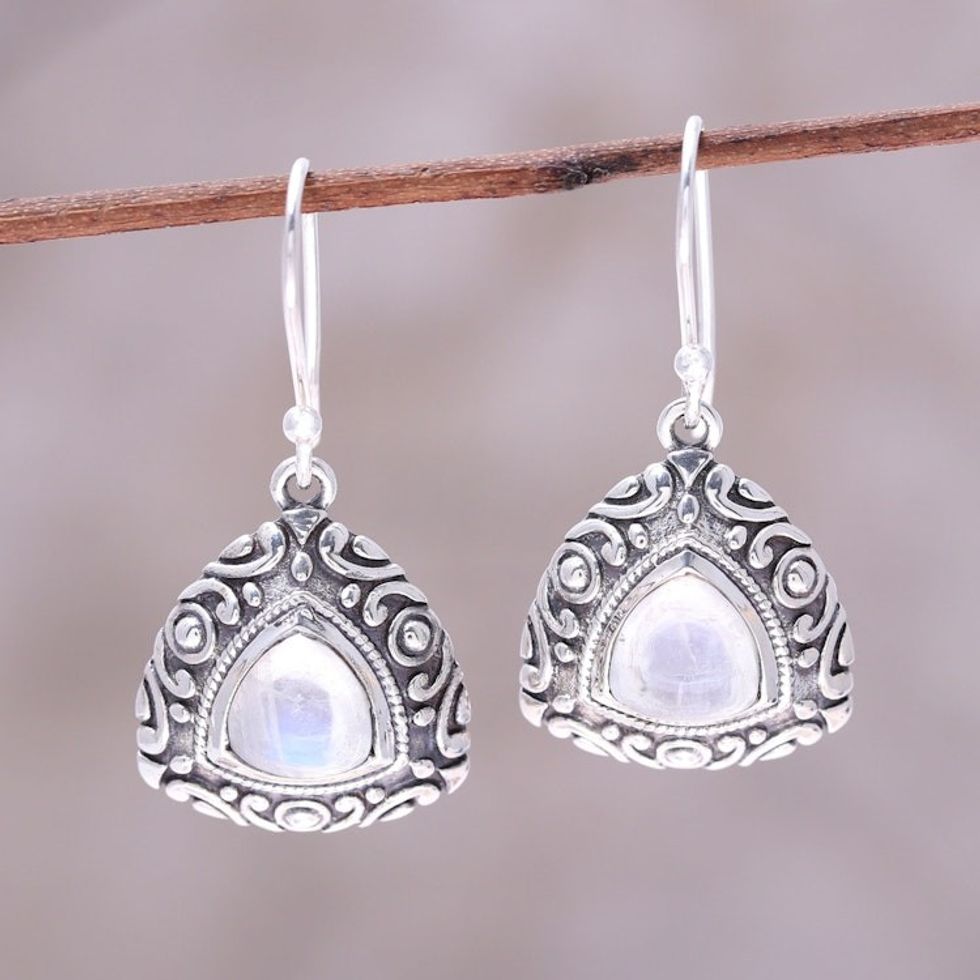 Sterling Silver and Rainbow Moonstone Triangle Earrings 'Waterfall Mist'