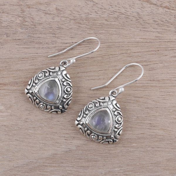 Alternate image for Sterling Silver and Rainbow Moonstone Triangle Earrings Waterfall Mist