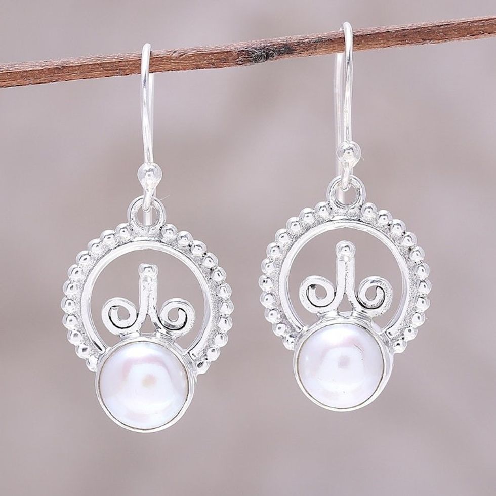 Cultured Freshwater Pearl Sterling Silver Dangle Earrings 'Crowned Pearl'