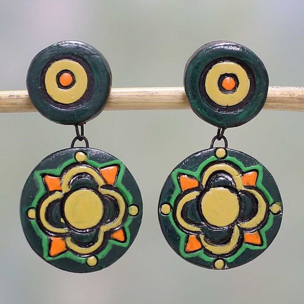 Floral Ceramic Dangle Earrings in Green by Indian Artisans 'Green Festivity'