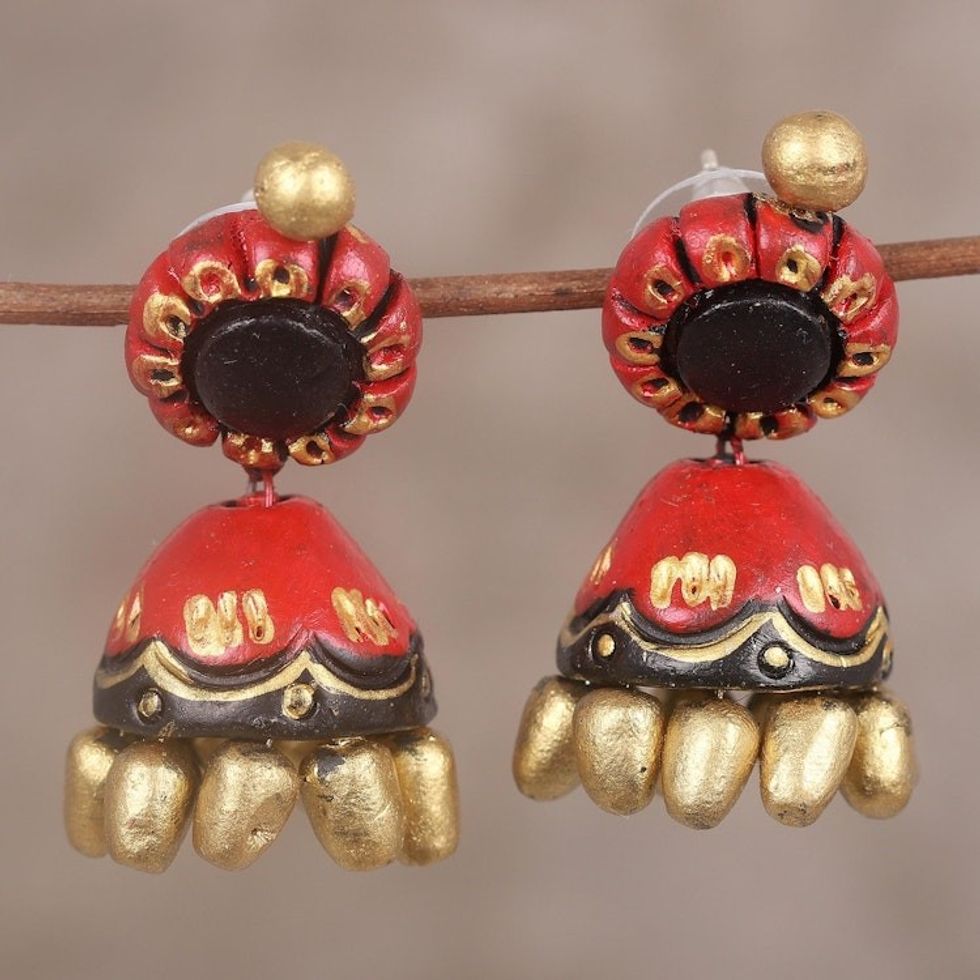 Festive Red Black and Gold Ceramic Jhumki Dangle Earrings 'Festive Jhumki'