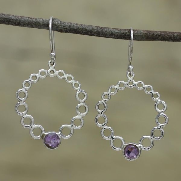 Alternate image for Round Bubble Like Silver Earrings with Amethysts Bubble Wreath