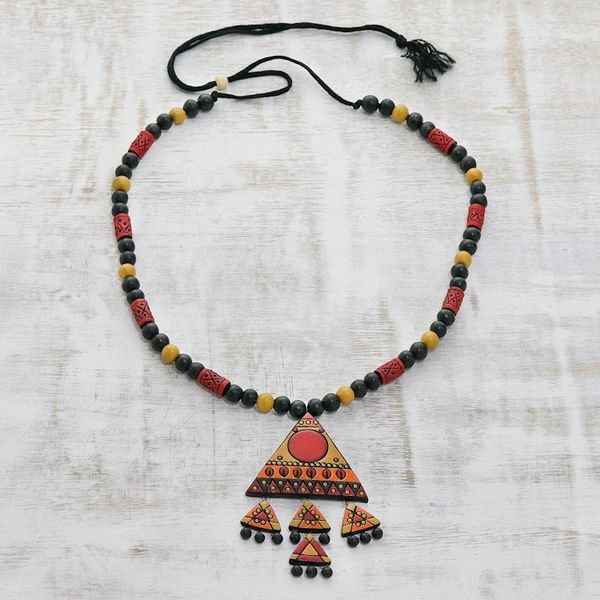 Alternate image for Red, Yellow Black Triangle Pendant Beaded Cord Necklace Dancing Pyramid