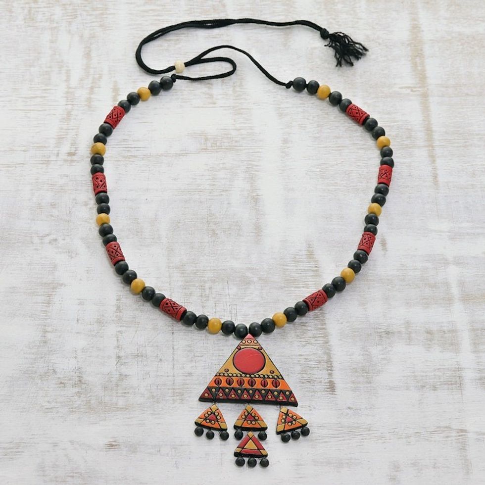 Red, Yellow Black Triangle Pendant Beaded Cord Necklace 'Dancing Pyramid'