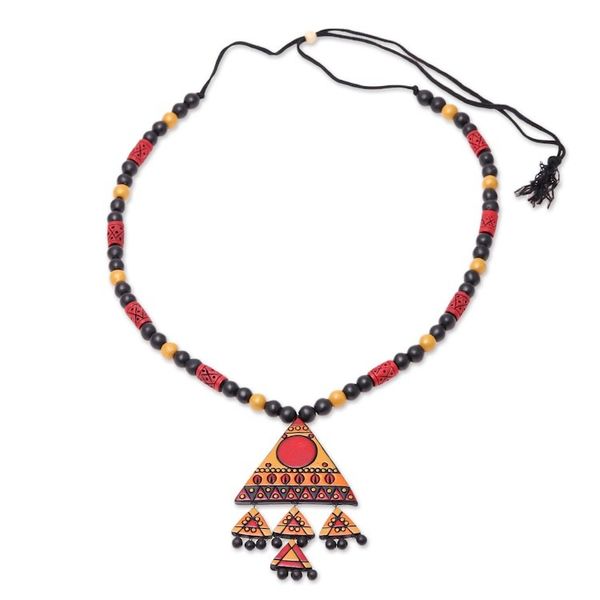 Alternate image for Red, Yellow Black Triangle Pendant Beaded Cord Necklace Dancing Pyramid
