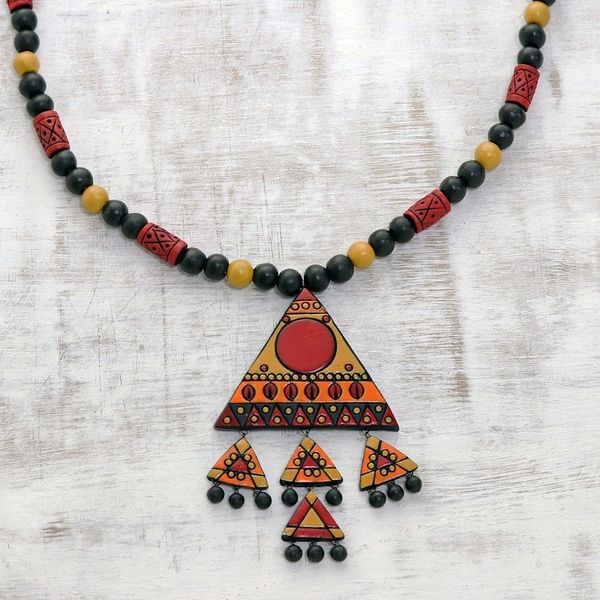 Alternate image for Red, Yellow Black Triangle Pendant Beaded Cord Necklace Dancing Pyramid