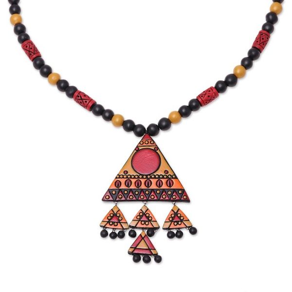 Alternate image for Red, Yellow Black Triangle Pendant Beaded Cord Necklace Dancing Pyramid