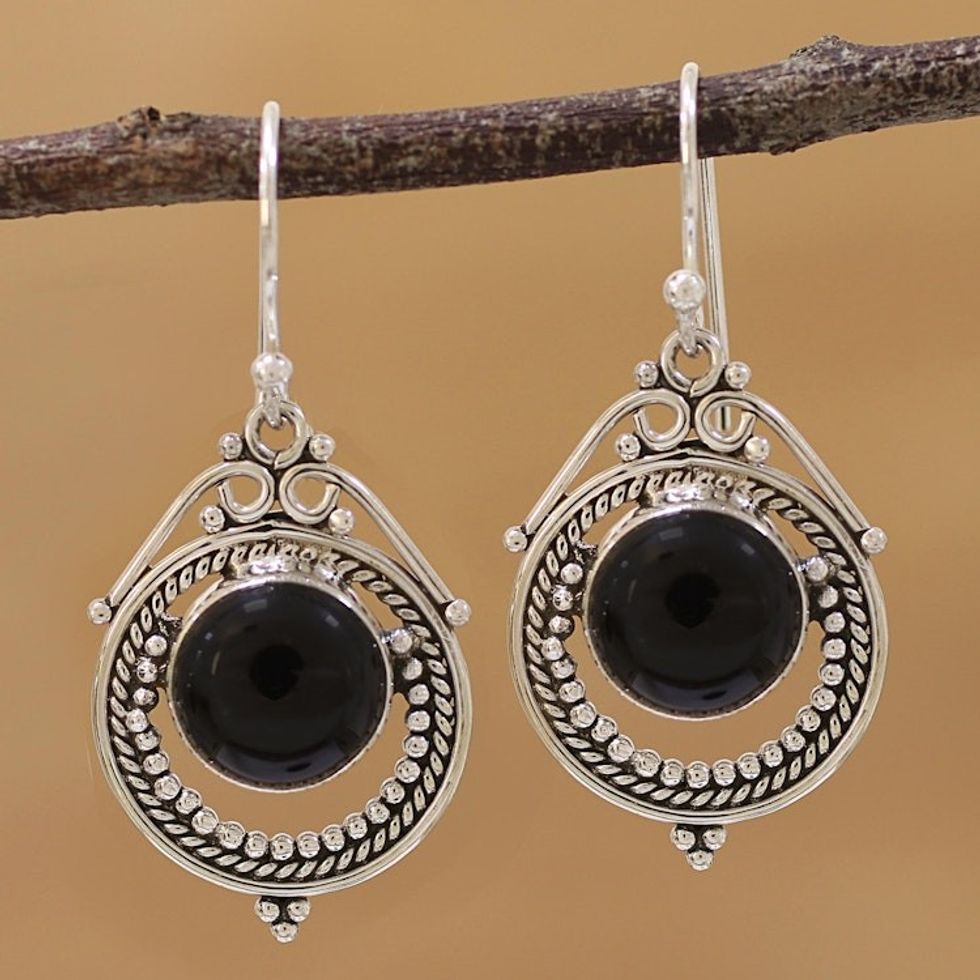 Onyx and Sterling Silver Dangle Earrings from India 'Elegant Globes'