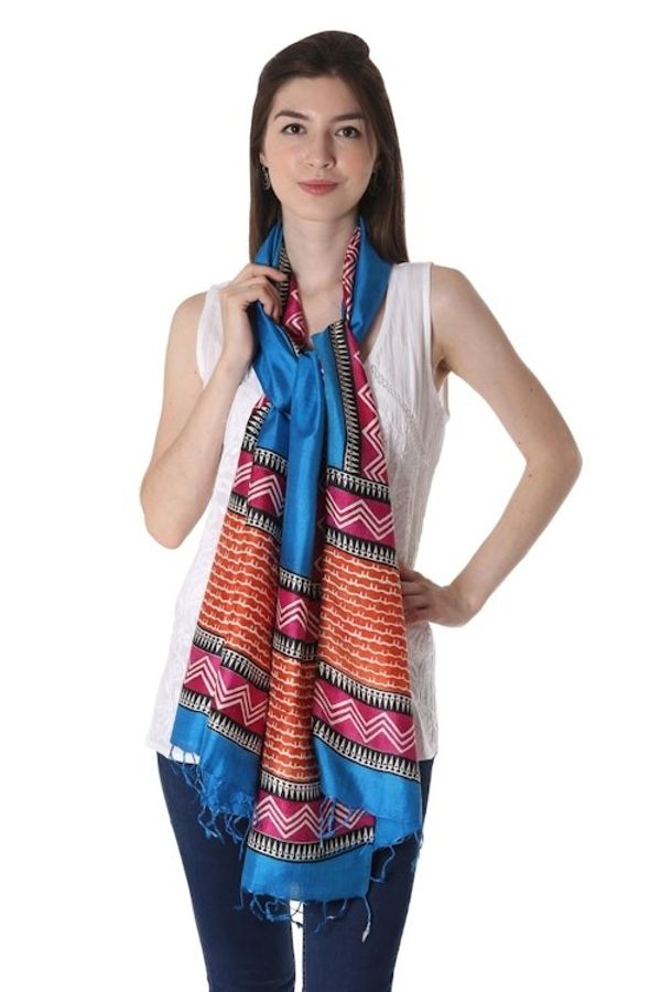 Alternate image for Block Printed Silk Shawl in Caribbean Blue from India Caribbean Blue Dazzle
