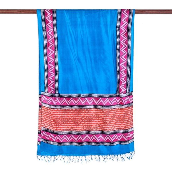 Alternate image for Block Printed Silk Shawl in Caribbean Blue from India Caribbean Blue Dazzle