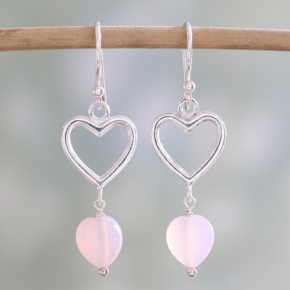 Sterling Silver Pink Onyx Heart Dangle Earrings from India 'Romance Hearts in Pink'