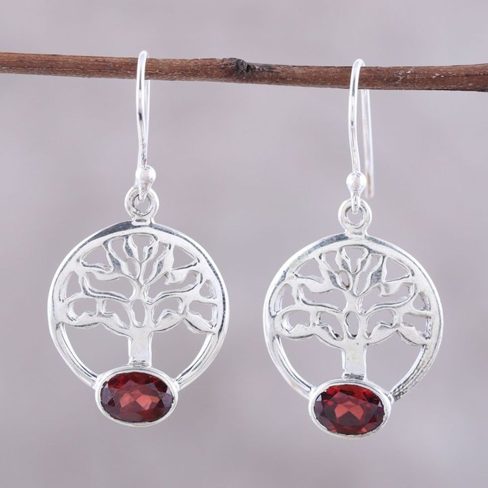 Tree-Shaped Garnet and Silver Dangle Earrings from India 'Corona Trees'